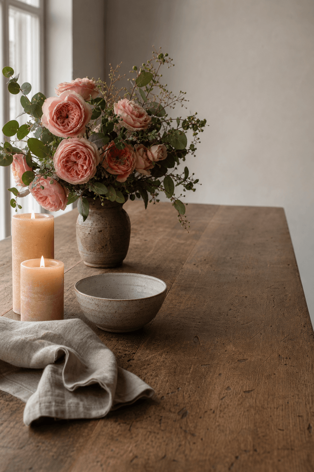 On a long oak Sunday table.